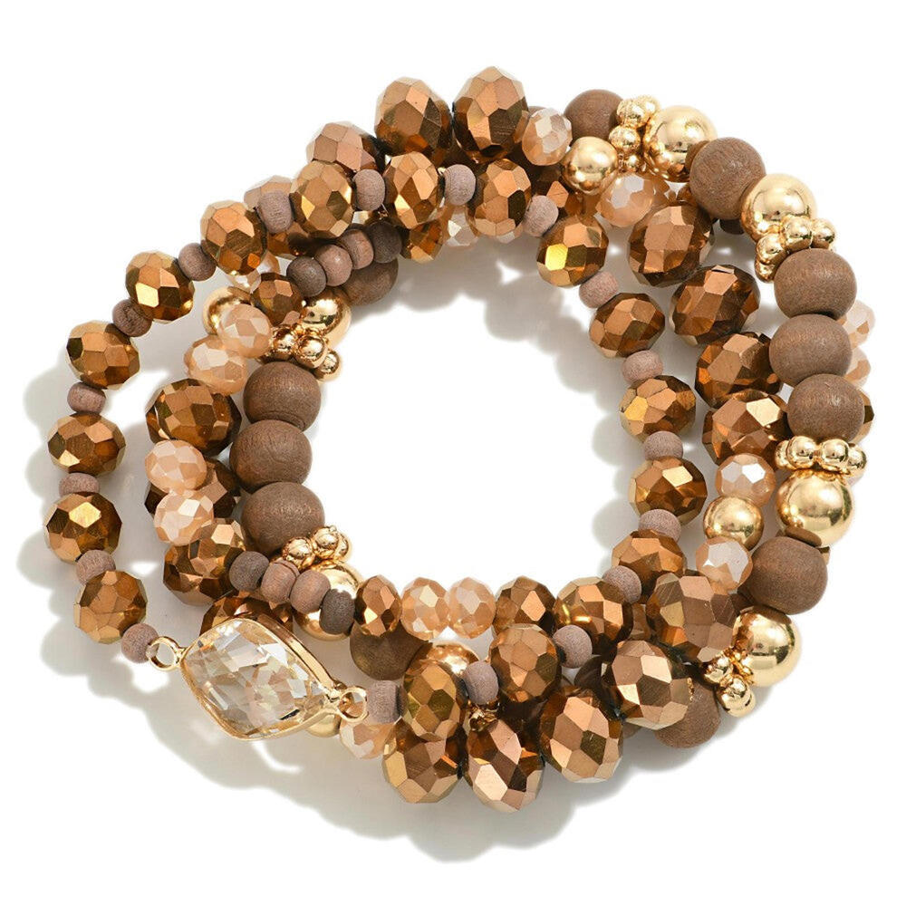 Set of Four Faceted and Wood Beaded Stretch Bracelets Rhinestone Post - Brown